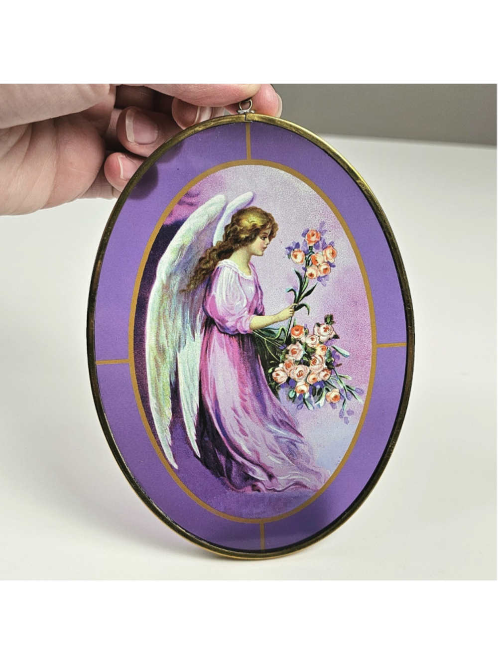 Vintage Via Vermont Glass Angel Suncatcher Brass Frame 1993 Thomas Cathey Purple